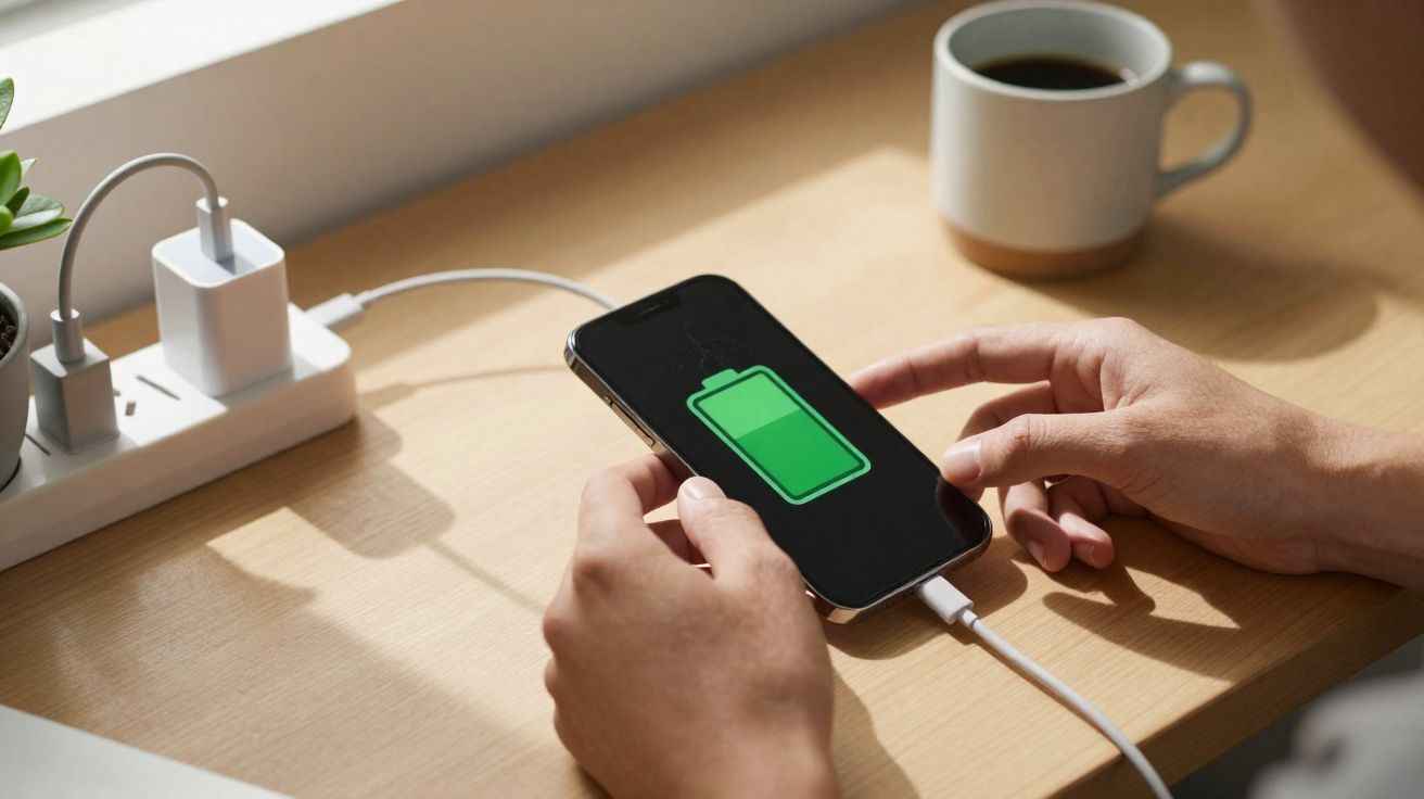 Pessoa segurando celular carregando com símbolo de bateria verde, ao lado de xícara de café numa mesa de madeira.