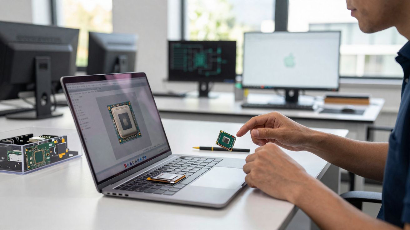 Pessoa segurando chip eletrônico próxima a notebook com imagem de hardware na tela em ambiente de escritório.