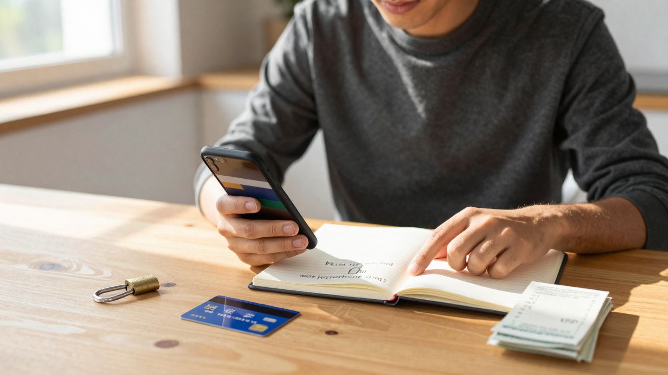Pessoa usando celular e consultando caderno com cartão de crédito e recibos sobre mesa de madeira.