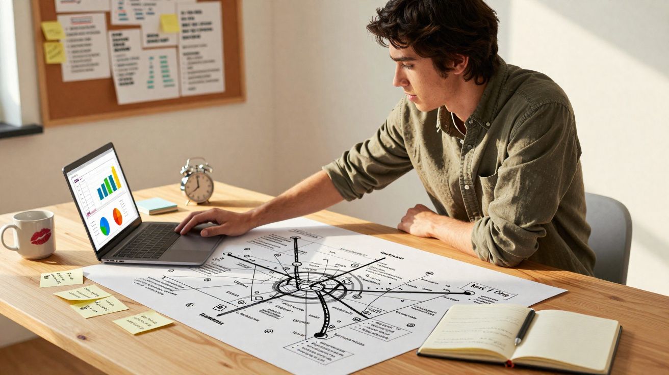 Jovem analisando gráfico no laptop e diagrama grande em mesa de madeira com caderno aberto.