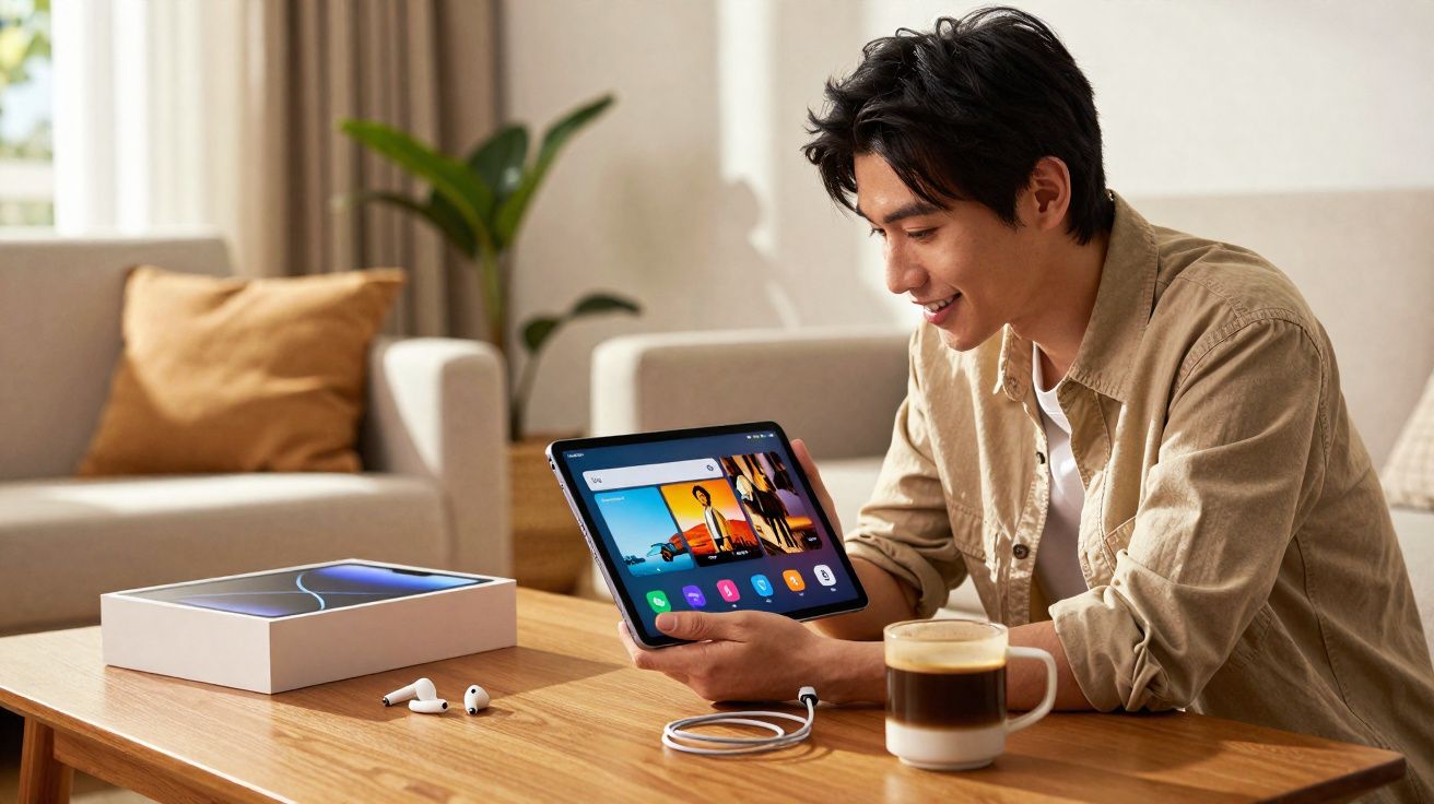 Jovem sentado à mesa segurando tablet, fones sem fio e café à sua frente em ambiente aconchegante.