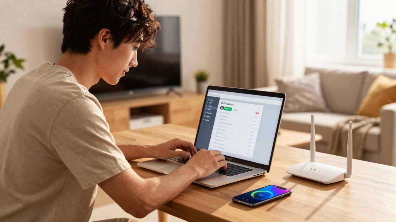 Jovem sentado à mesa usando laptop com roteador Wi-Fi e celular em ambiente iluminado e aconchegante.