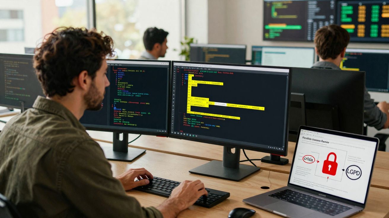 Pessoa programando código em dois monitores com laptop ao lado exibindo gráfico sobre LGPD.