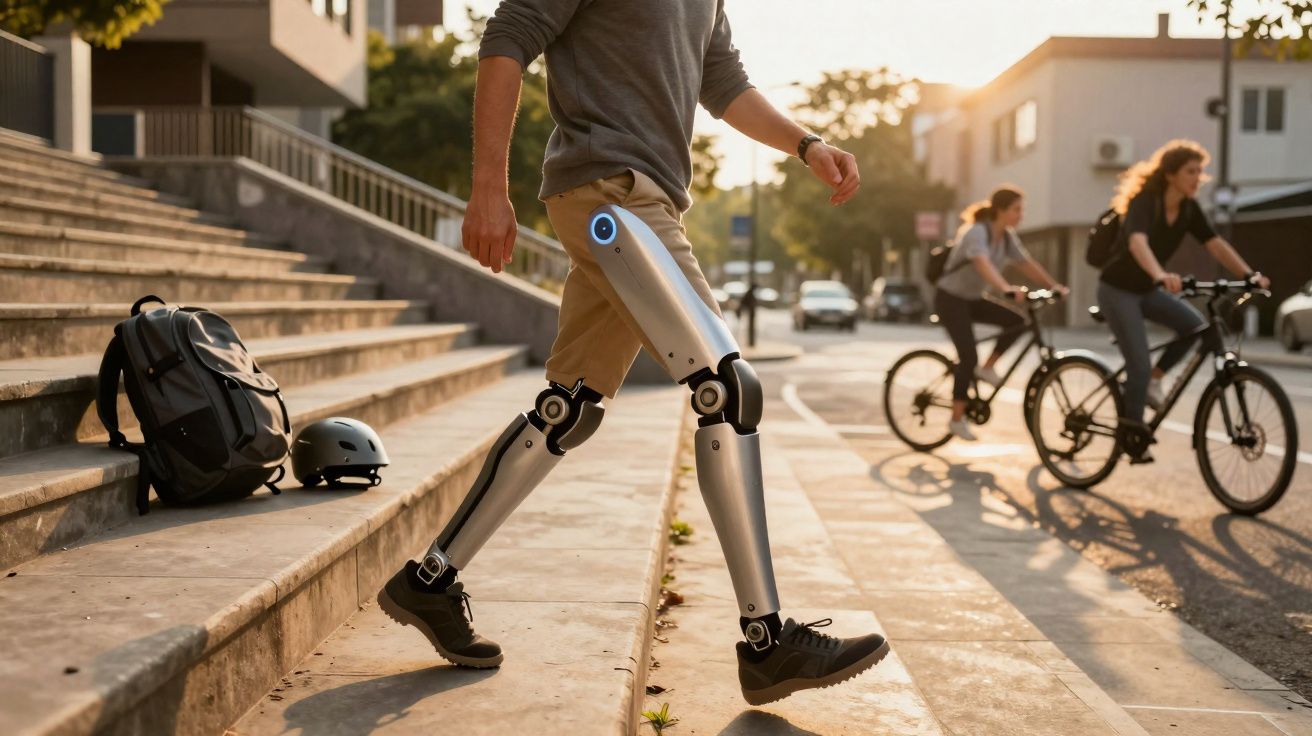 Pessoa com pernas robóticas andando em área urbana, com duas ciclistas ao fundo e mochila com capacete ao lado.