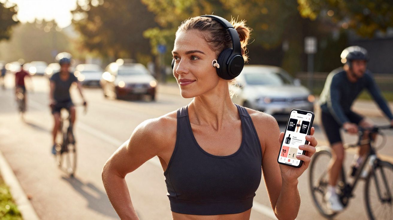 Mulher em roupa esportiva e fones, segurando celular com aplicativo, com ciclistas e carros ao fundo.