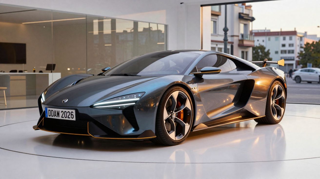 Carro esportivo cinza metálico estacionado em ambiente fechado moderno com iluminação natural.