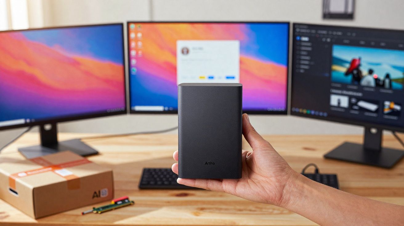 Pessoa segurando HD externo preto Artro com três monitores e teclado ao fundo em mesa de madeira.