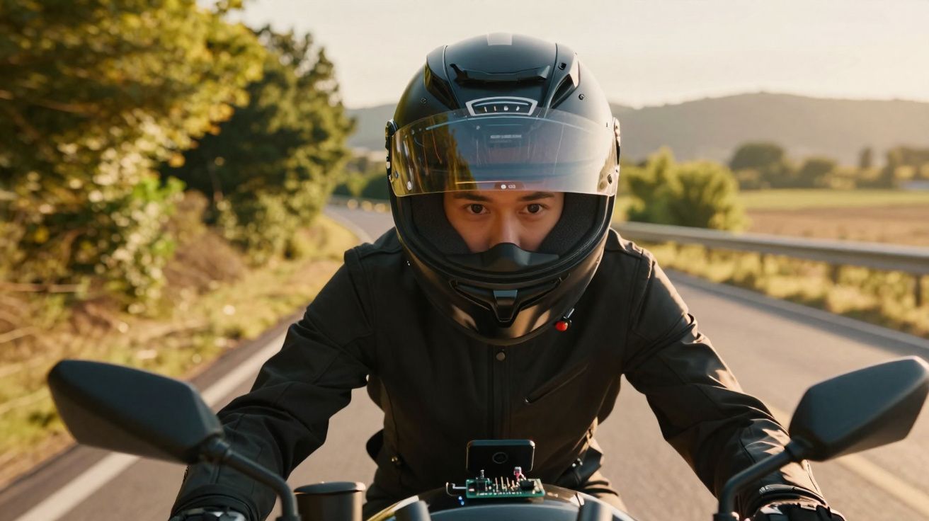 Pessoa com capacete preto pilota motocicleta em estrada rural ao entardecer.