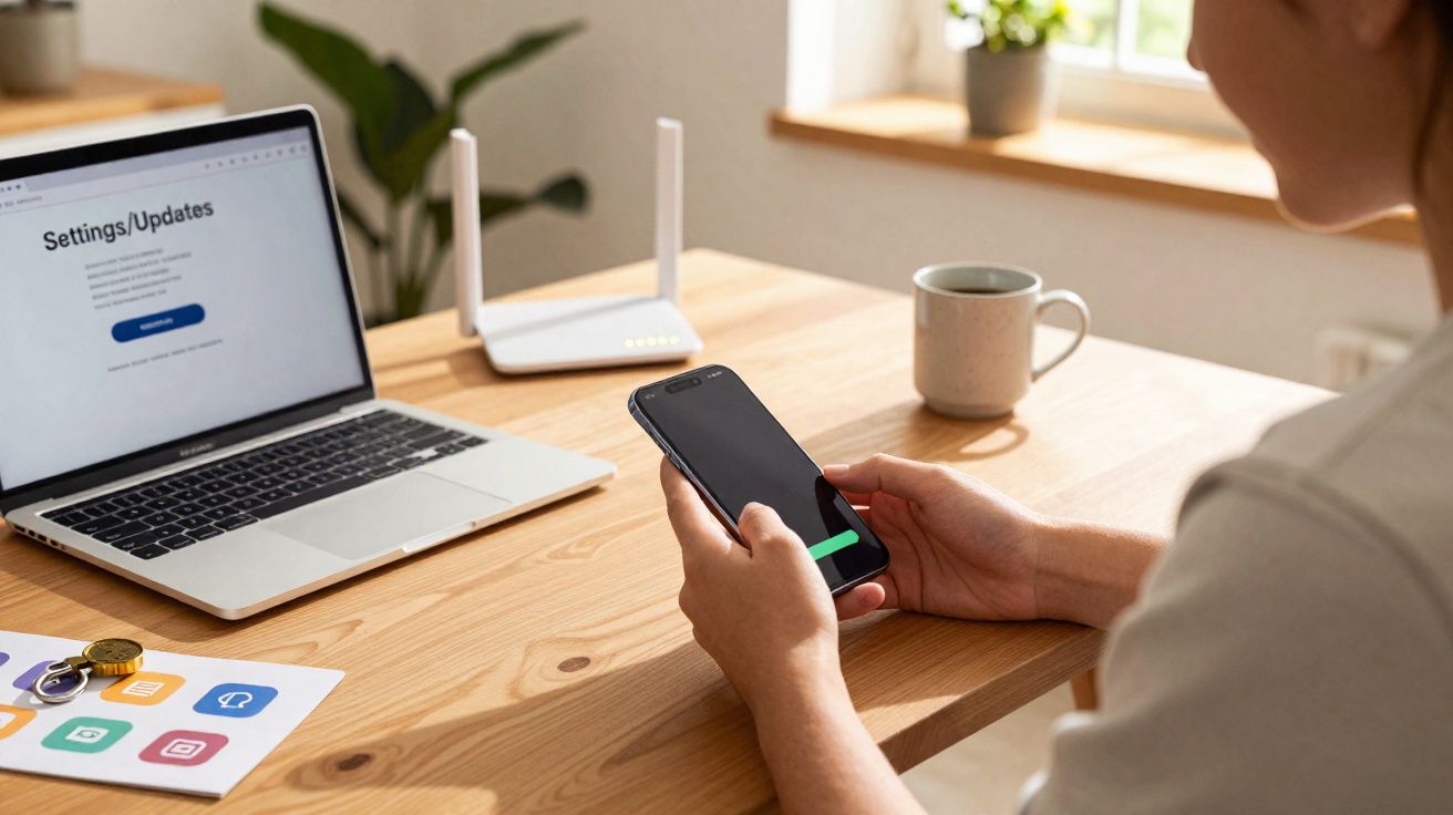 Pessoa segurando celular com barra de carregamento, com laptop, roteador e caneca em mesa de madeira.