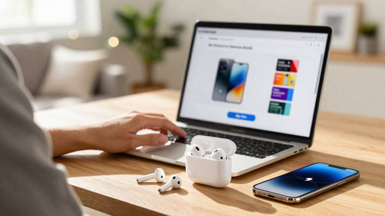 Pessoa usando laptop com fones de ouvido sem fio e smartphone em mesa de madeira iluminada por luz natural.