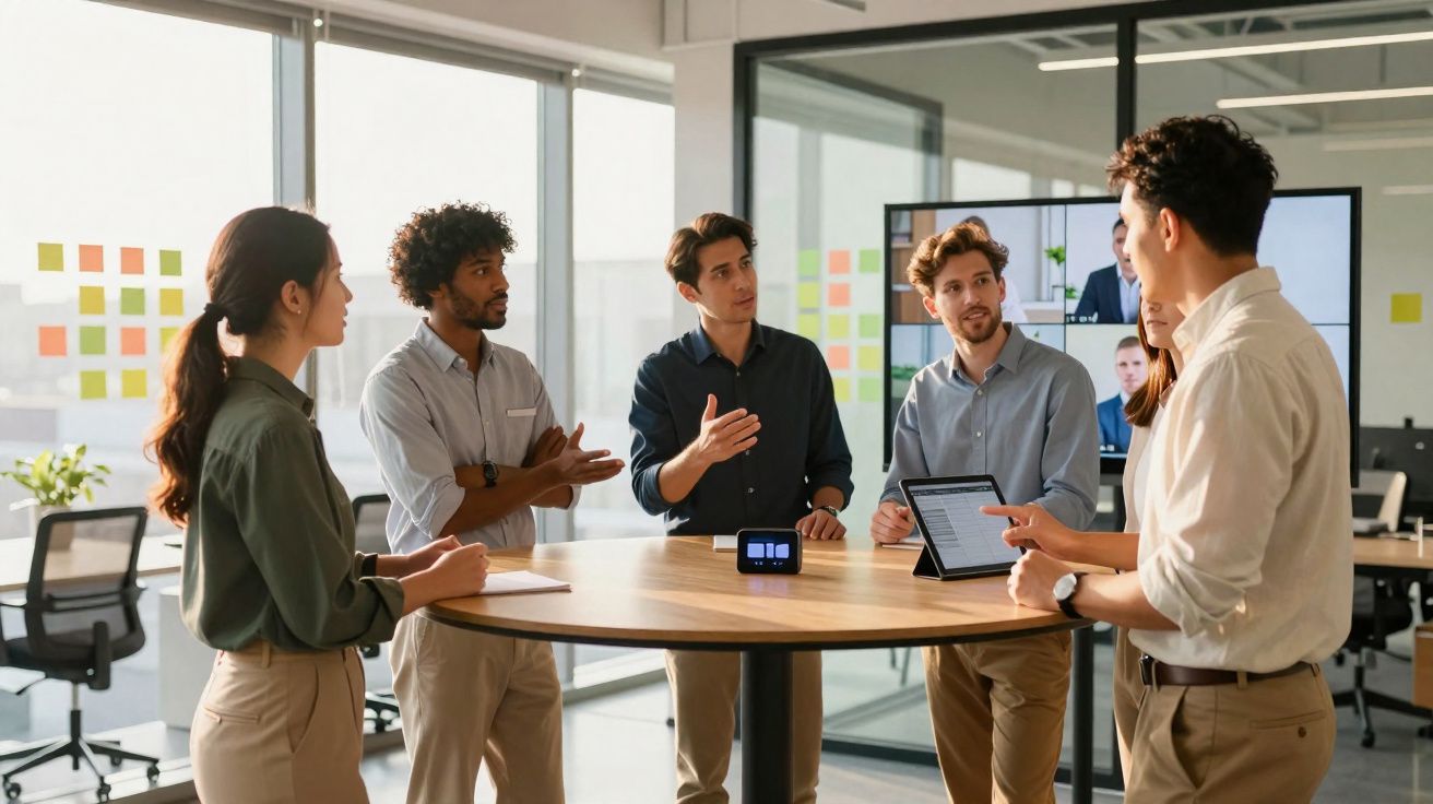 Grupo de jovens profissionais discutindo em reunião em escritório moderno com equipamentos digitais.
