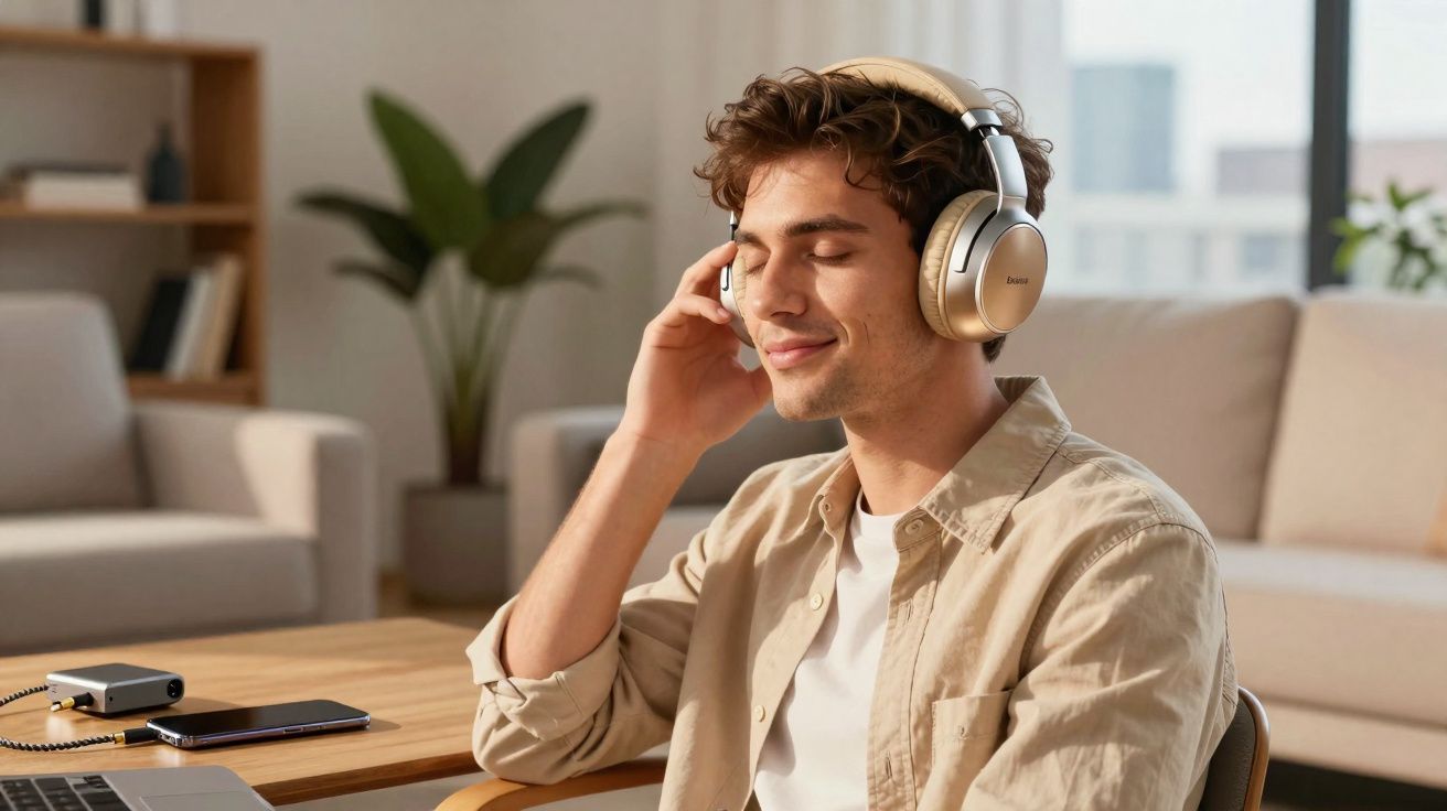 Jovem sentado em sala moderna ouvindo música com fone de ouvido e expressão de satisfação.