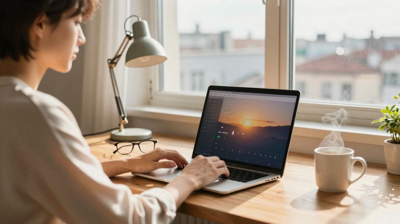 Pessoa usando laptop com imagem do pôr do sol, ao lado de xícara de café fumegante numa mesa perto da janela.