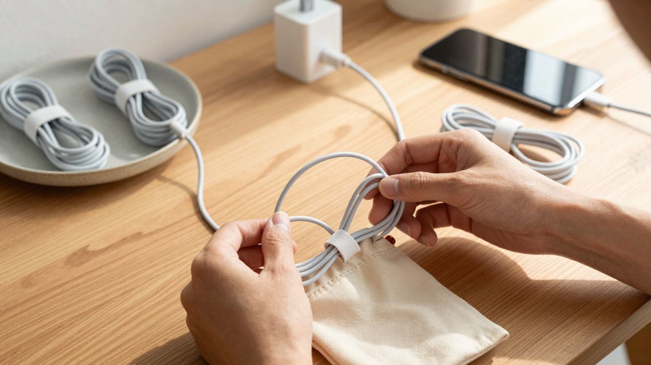 Pessoa organizando cabos de carregador branco sobre mesa de madeira clara com smartphone ao fundo.