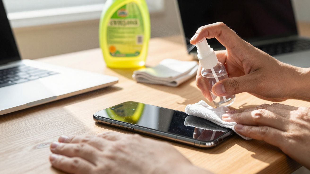 Pessoa limpando a tela de um smartphone com spray e pano sobre mesa com laptop ao fundo.
