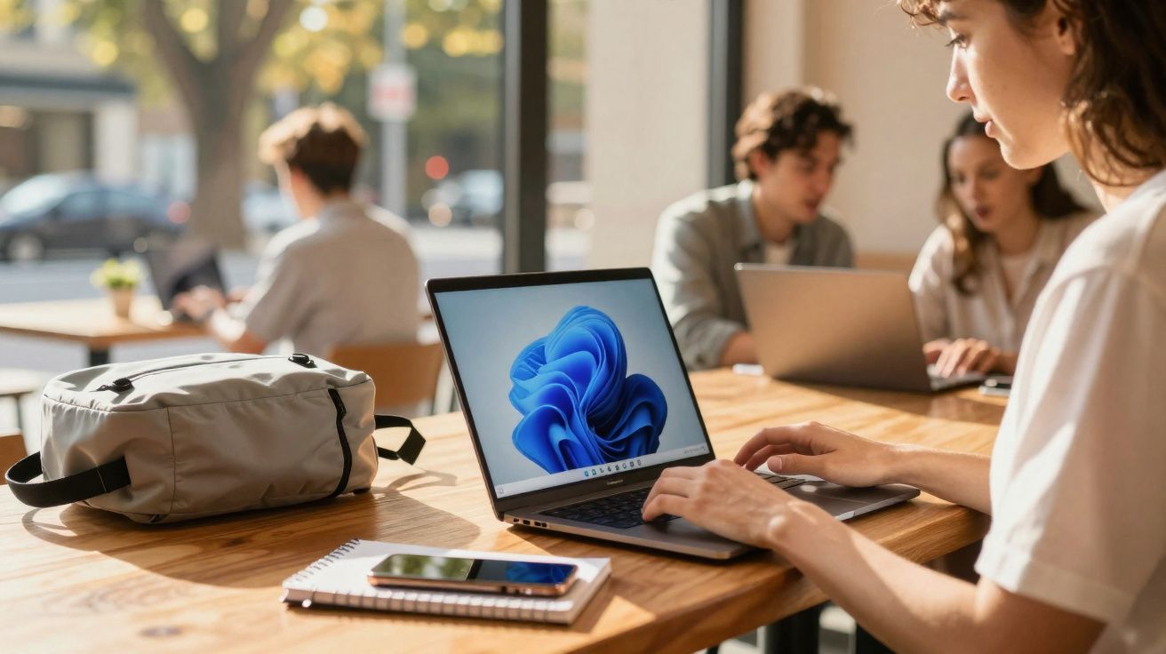 Pessoa usando laptop com tela do Windows em mesa de madeira com mochila, caderno e celular em café.