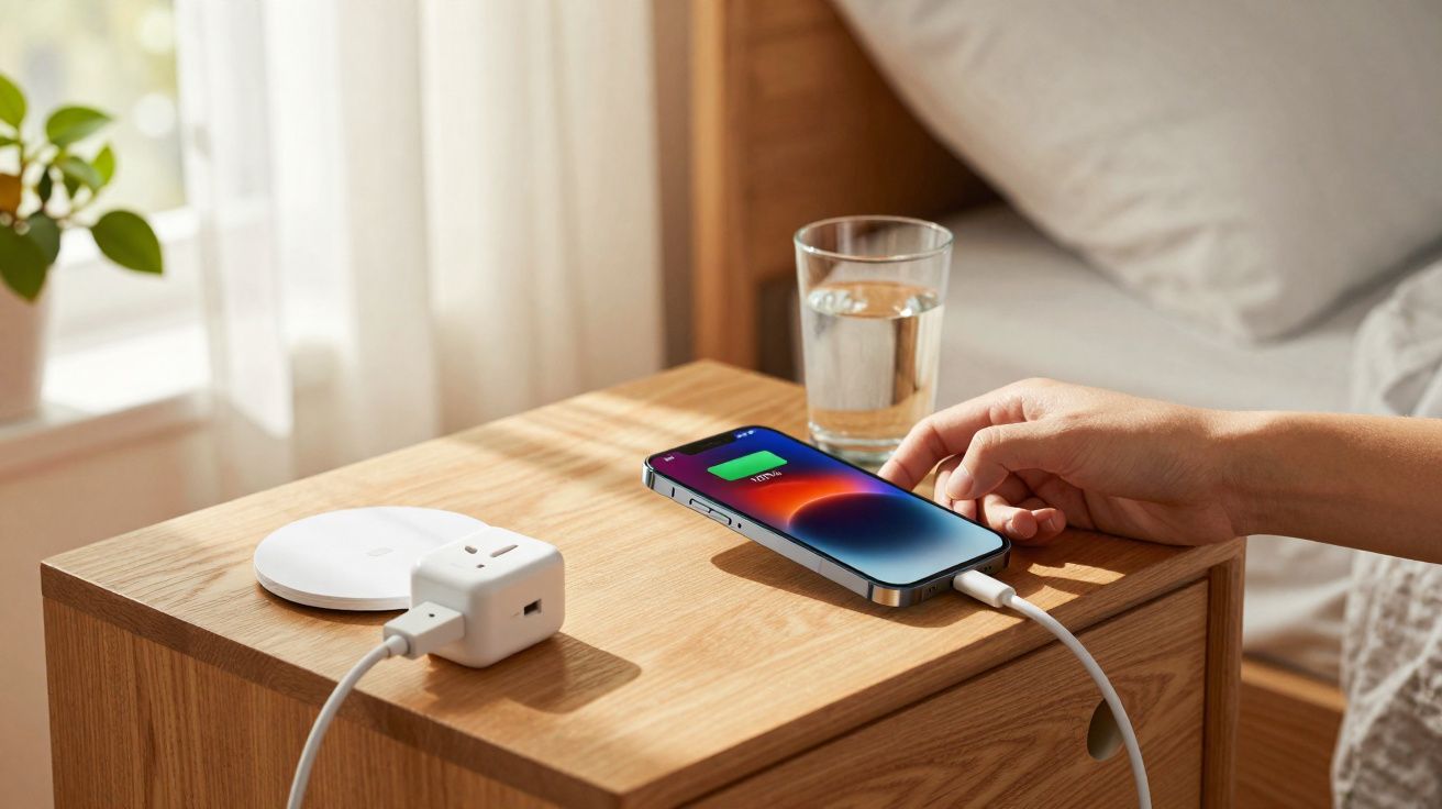 Mesa de cabeceira de madeira com celular carregando, carregador branco e copo d'água, mãos ao lado do celular.
