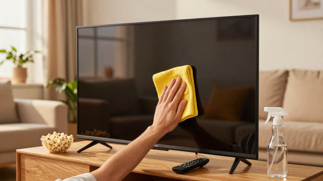 Pessoa limpando a tela de uma televisão com pano amarelo em sala de estar iluminada.