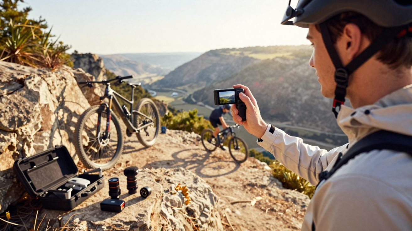 Homem com capacete grava ciclista em trilha de montanha com paisagem de vale ao fundo.