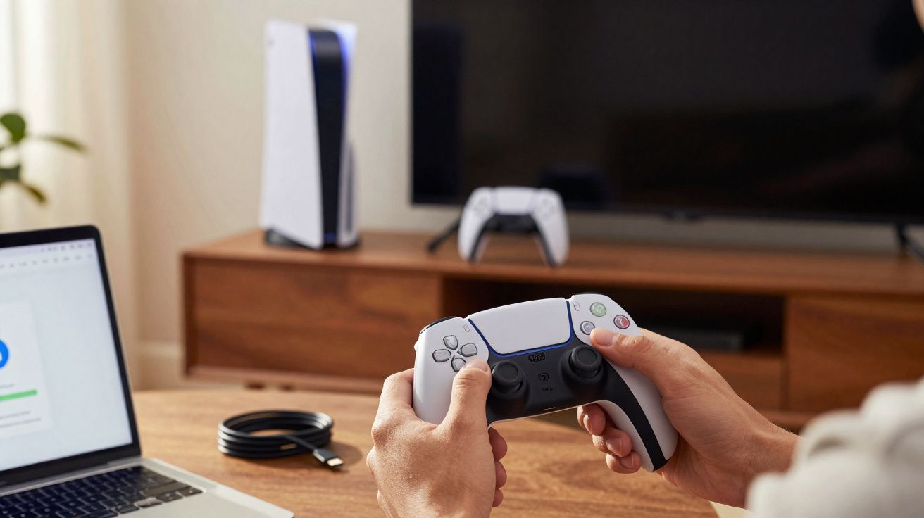 Pessoa segurando controle do videogame PlayStation 5 com console e TV ao fundo em ambiente interno.