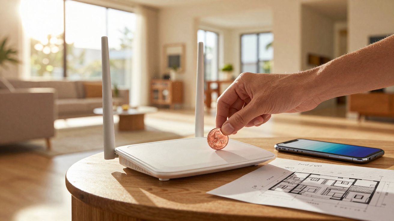 Mão colocando uma moeda em roteador Wi-Fi sobre mesa com planta baixa e smartphone ao fundo.