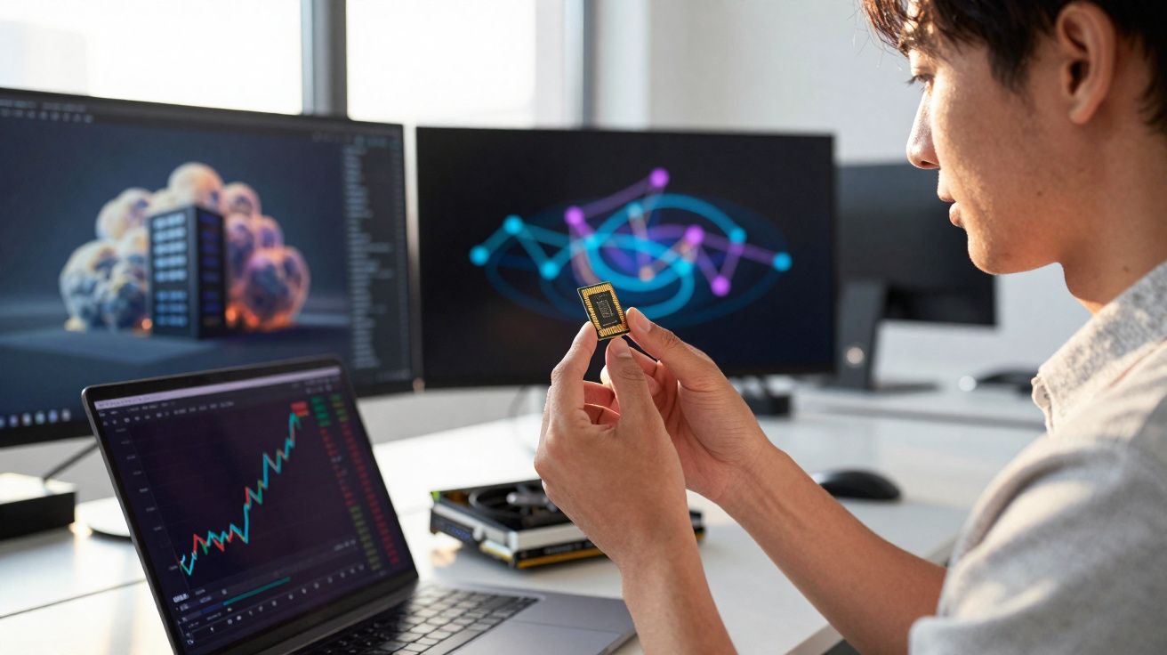 Homem segurando chip de computador em escritório com telas de gráficos e tecnologia ao fundo.