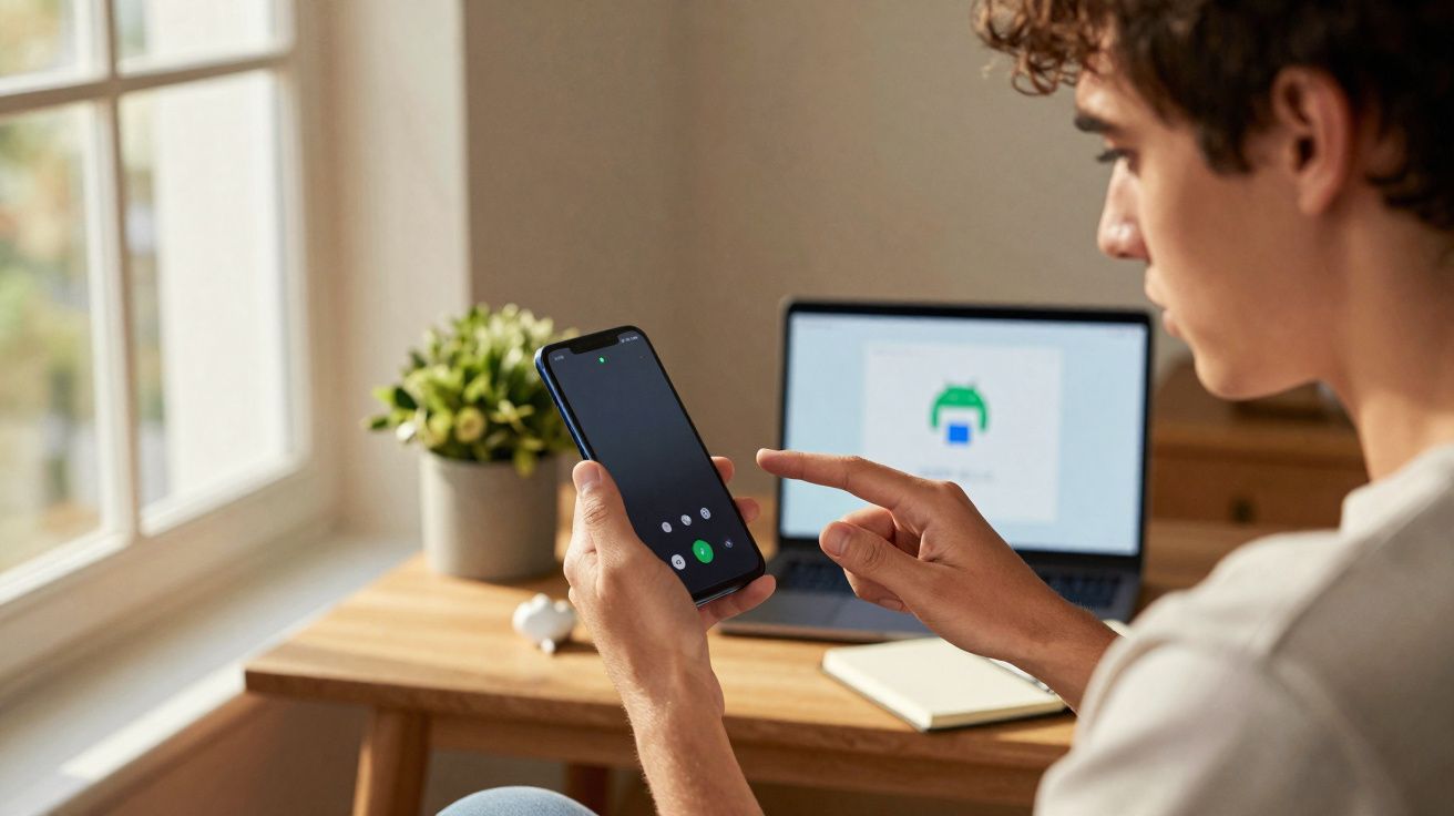 Pessoa usando smartphone com laptop aberto em mesa ao fundo em ambiente iluminado por janela.