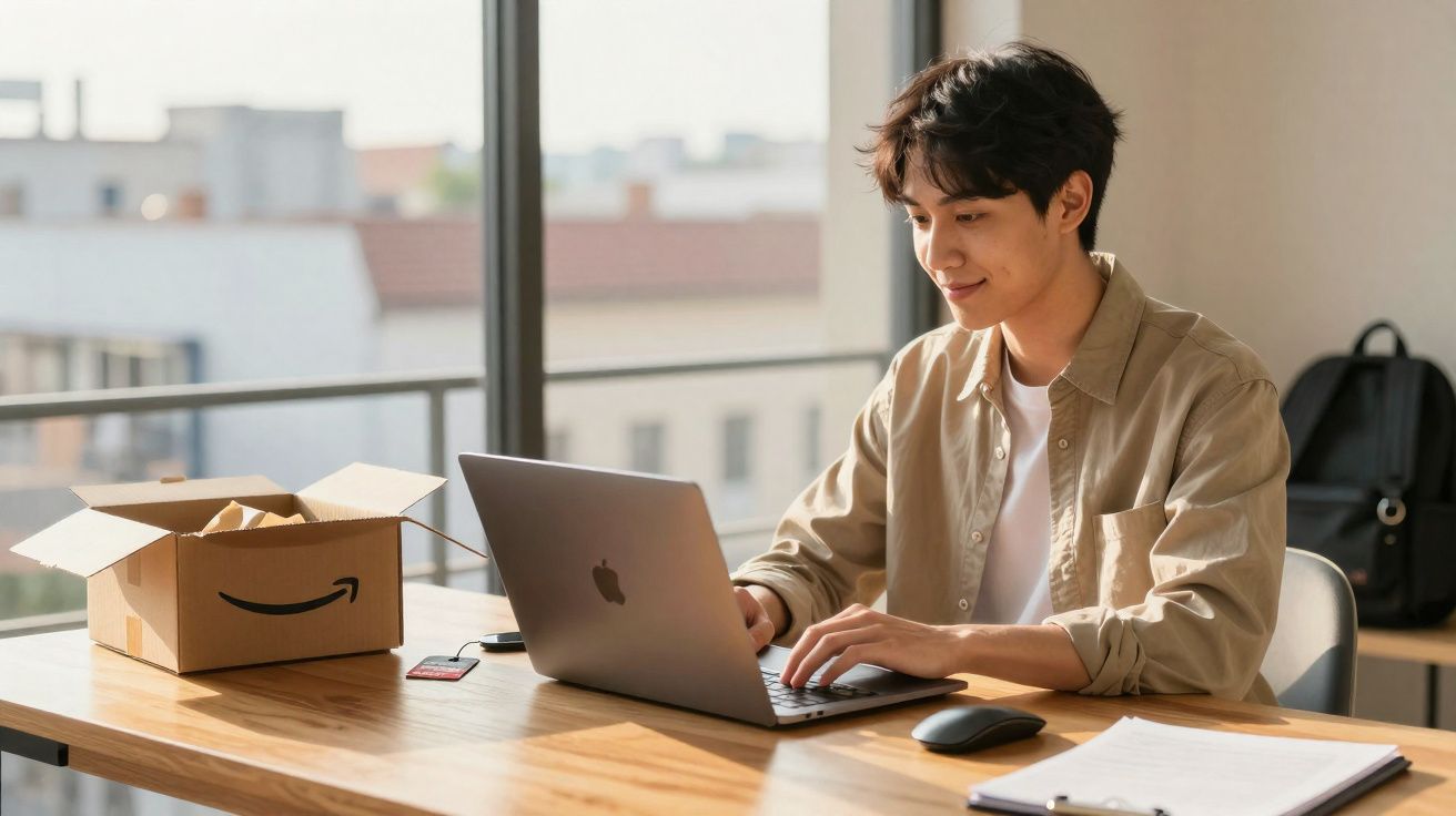 Jovem sentado em mesa de madeira usando laptop, com caixa aberta da Amazon e mochila ao fundo.