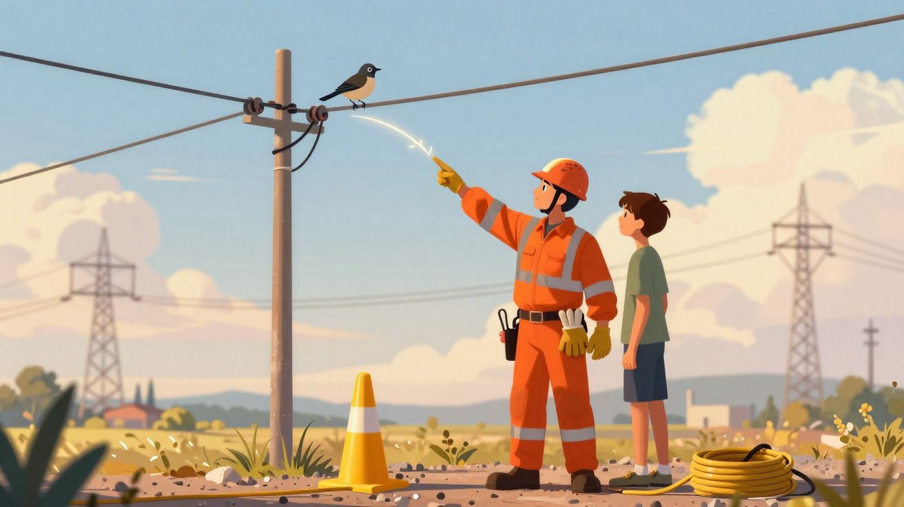 Trabalhador com equipamento de segurança aponta para um pássaro numa fiação enquanto garoto observa em ambiente rural.