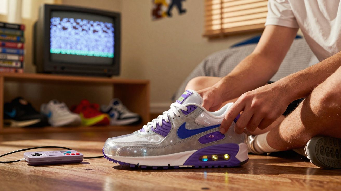 Pessoa sentada no chão ajustando tênis Nike Air Max prata com detalhes roxos, controle de videogame e TV antiga ao fundo.