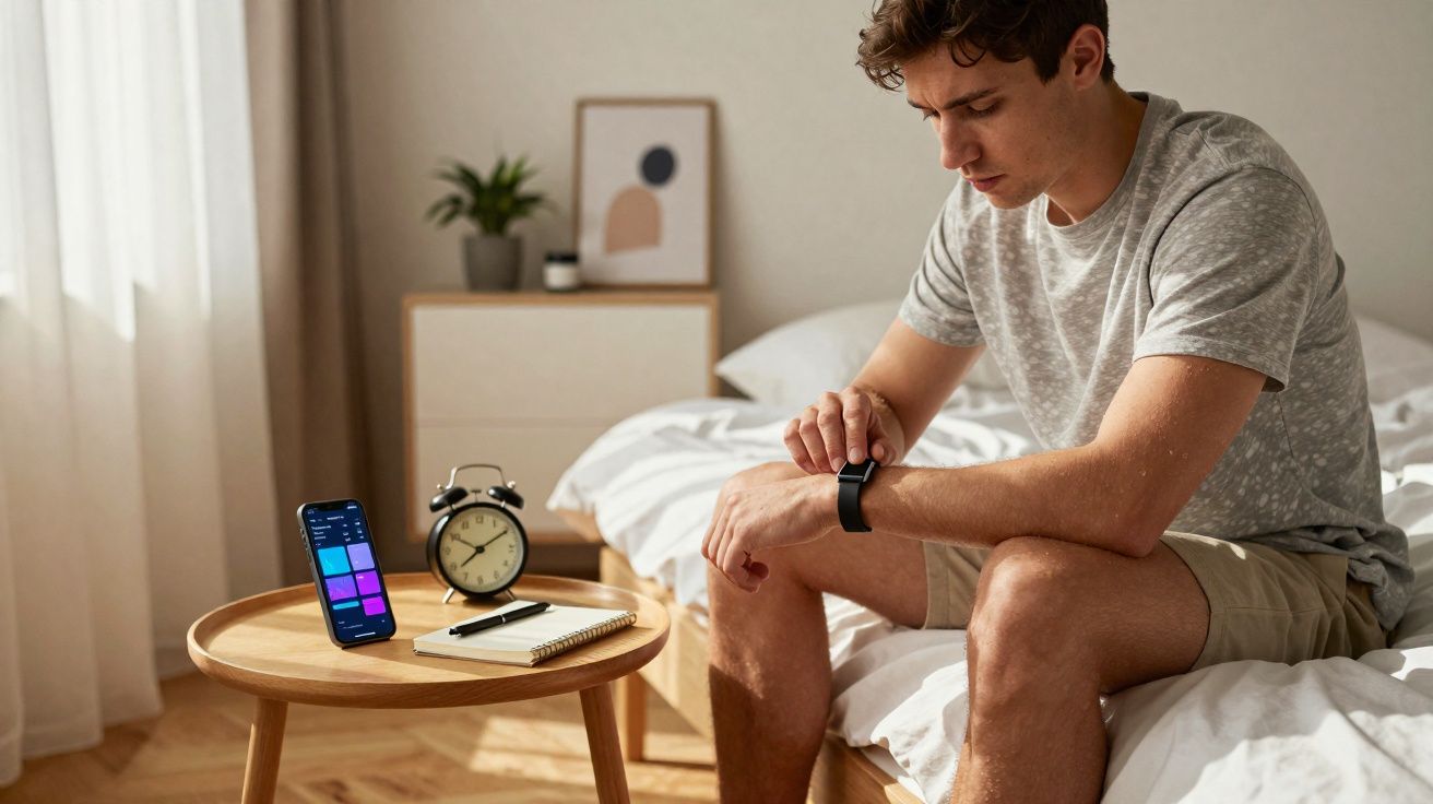 Homem sentado na cama olhando para relógio inteligente em quarto iluminado pela manhã.