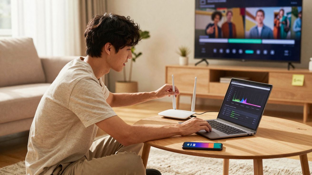 Jovem ajusta roteador Wi-Fi enquanto usa notebook com gráfico de desempenho em mesa de centro.