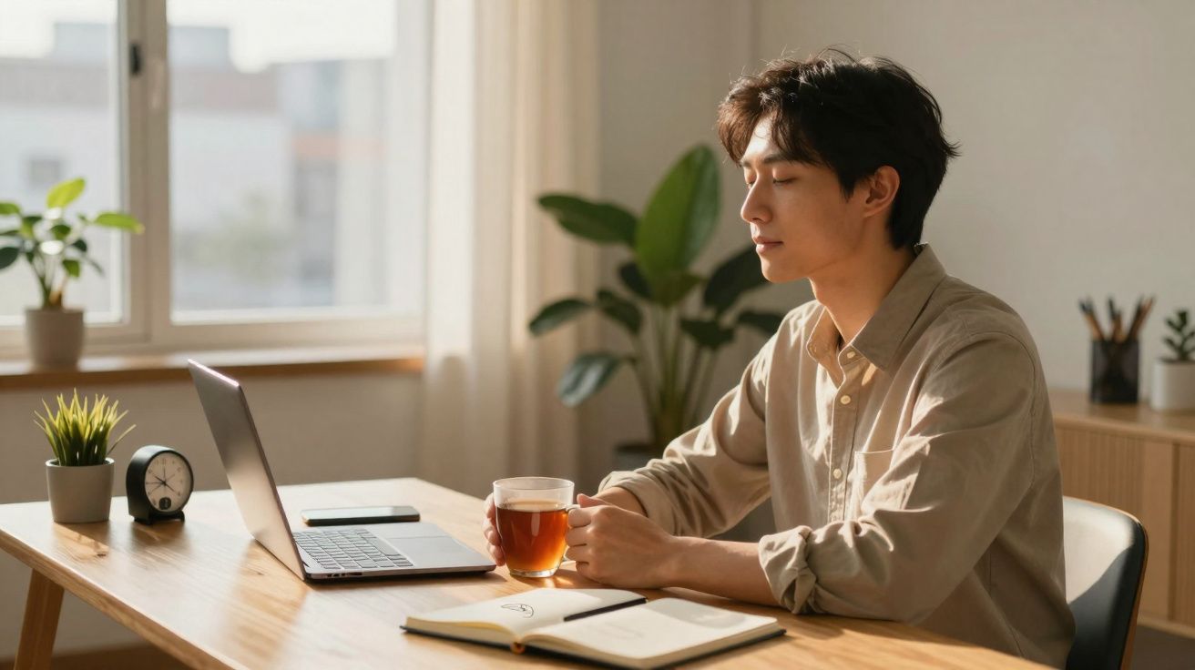 Homem sentado à mesa com laptop e segurando uma xícara de chá em ambiente iluminado e plantas ao fundo.
