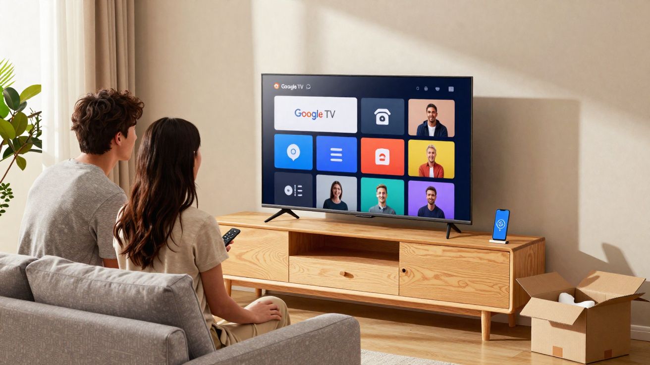 Casal sentado no sofá interagindo com TV smart exibindo interface do Google TV em sala iluminada.