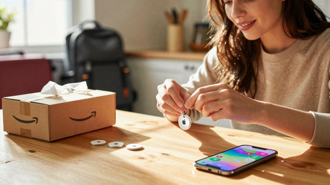 Mulher segurando rastreador Apple AirTag perto de celular e caixa da Amazon sobre mesa de madeira.