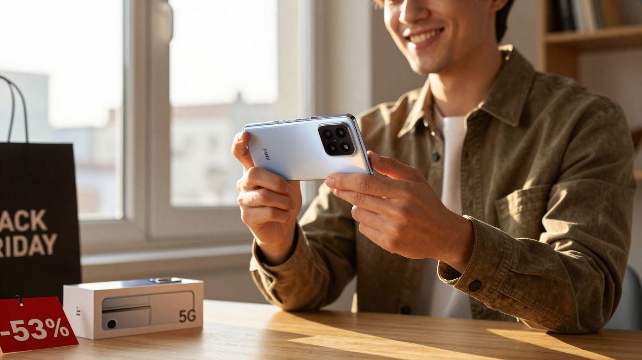 Homem sorridente usando smartphone novo, com caixa do aparelho e desconto de Black Friday na mesa.