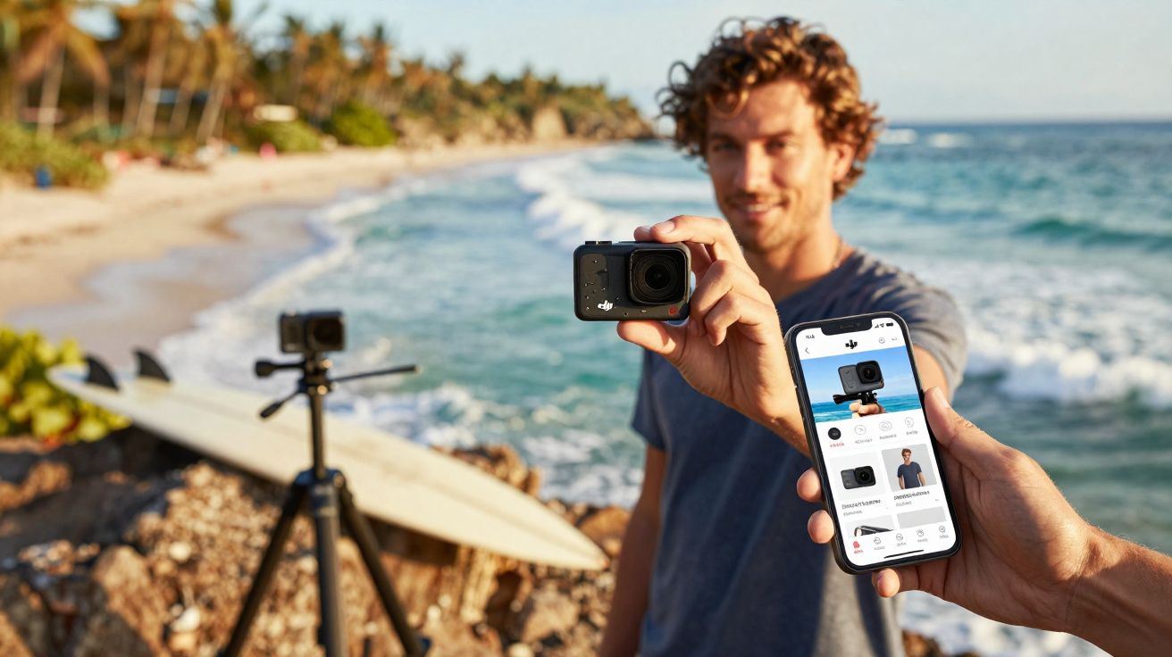 Homem segurando câmera de ação e smartphone com app da câmera numa praia ensolarada com prancha e tripé.