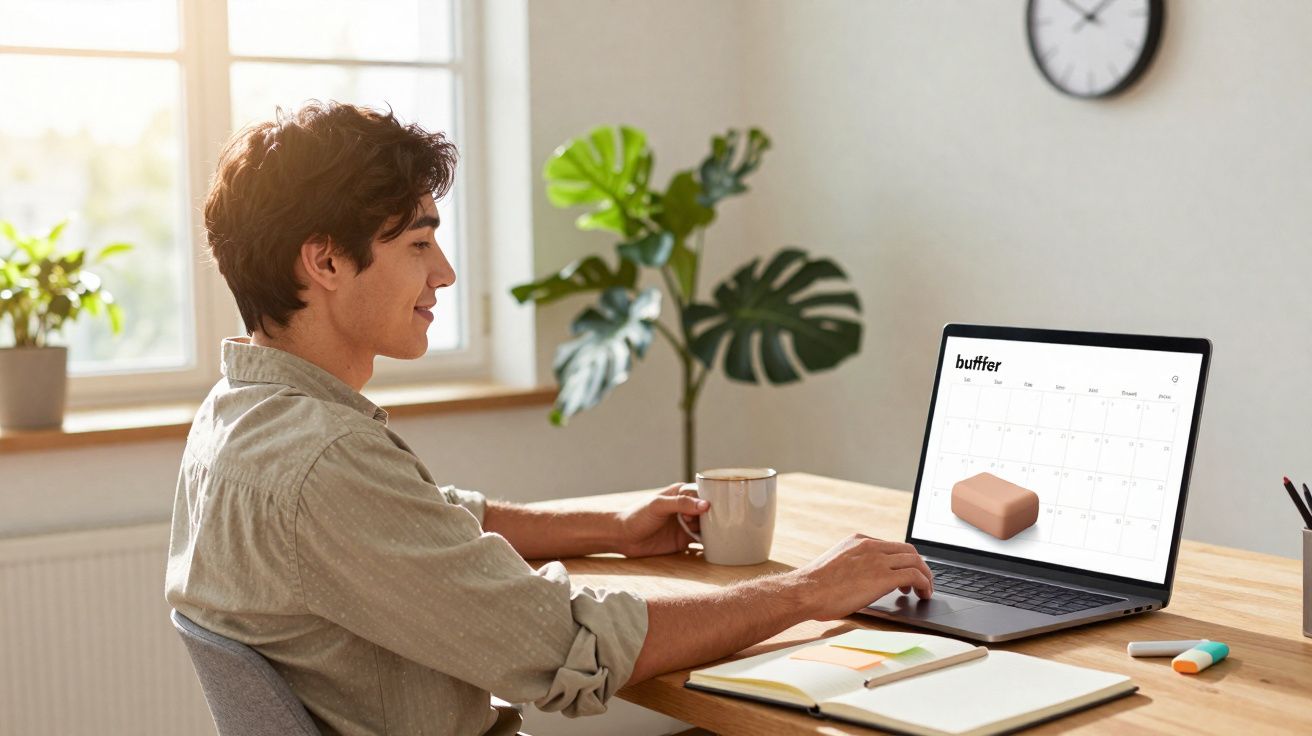 Homem sorrindo sentado à mesa usando laptop com calendário na tela e segurando caneca em ambiente iluminado.