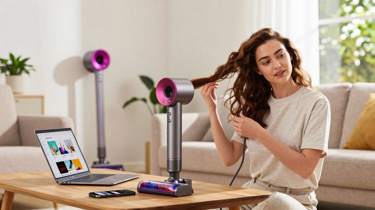 Mulher sentada em sala moderna, manuseando escova secadora com laptop e controle na mesa de madeira.