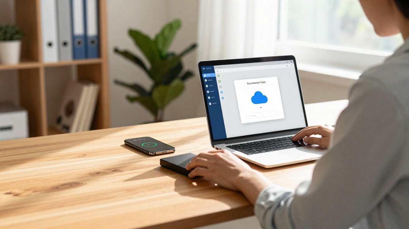 Pessoa usando notebook para fazer backup com smartphone carregando sem fio sobre mesa de madeira.