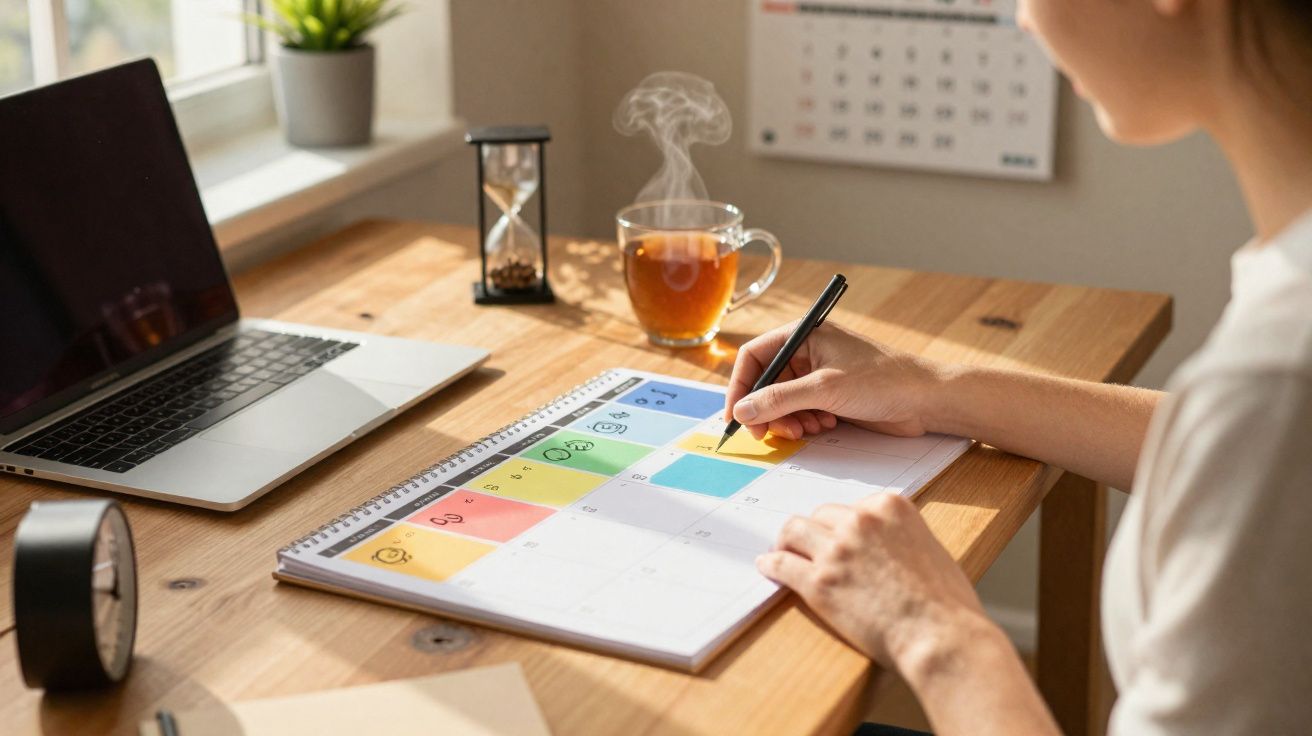 Pessoa escrevendo em planner colorido em mesa com laptop, relógio, ampulheta e xícara de chá fumegante.