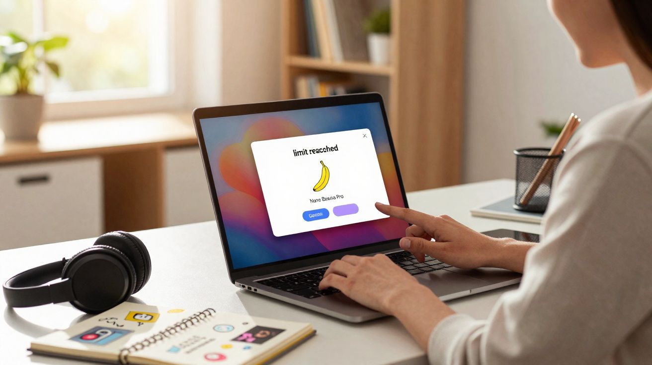 Pessoa usando laptop com aviso "limit reached" e desenho de uma banana na tela, fones e caderno na mesa.