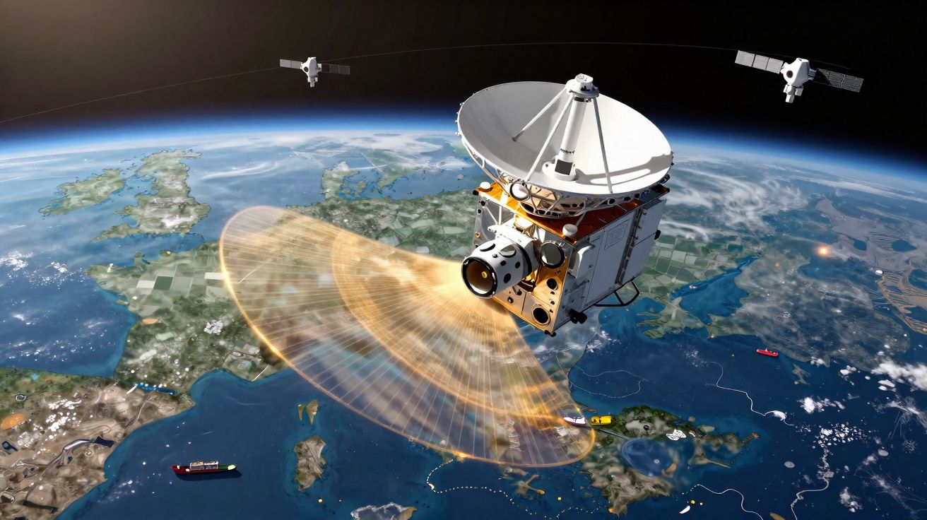 Satélite equipado com antena transmite sinal sobre o planeta Terra em órbita espacial.