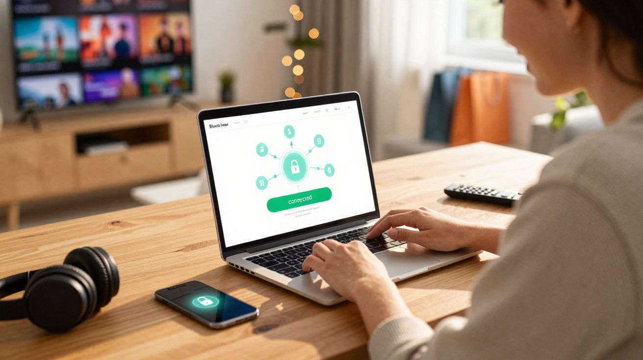 Pessoa usando computador com tela mostrando conexão segura, ao lado de celular e fone de ouvido em mesa de madeira.