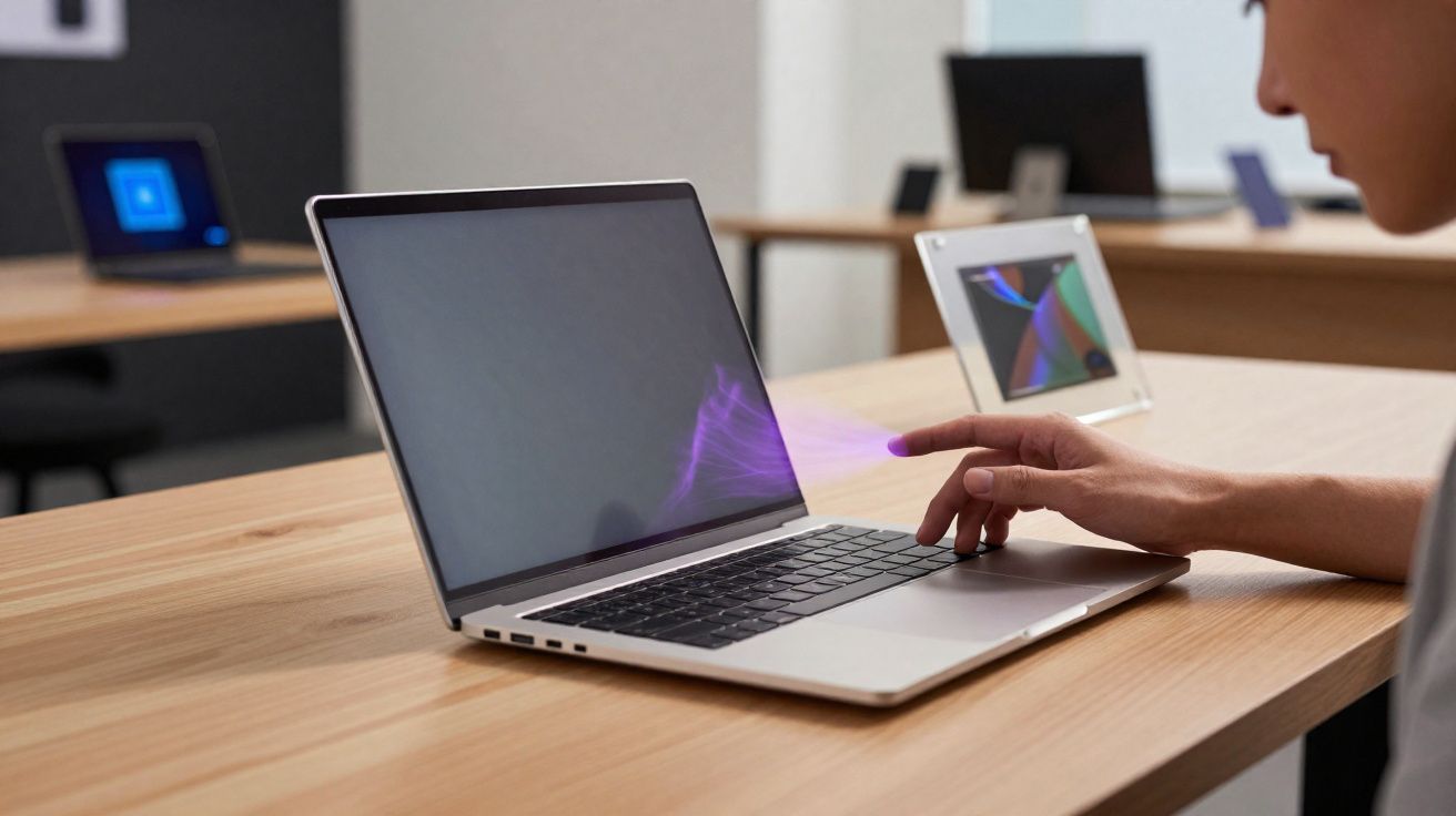 Pessoa usando laptop com interface holográfica projetada na tela em mesa de madeira clara.