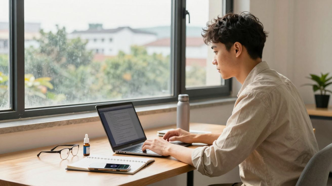 Jovem trabalhando em laptop próximo à janela, com cadernos, celular, óculos e garrafa sobre a mesa.