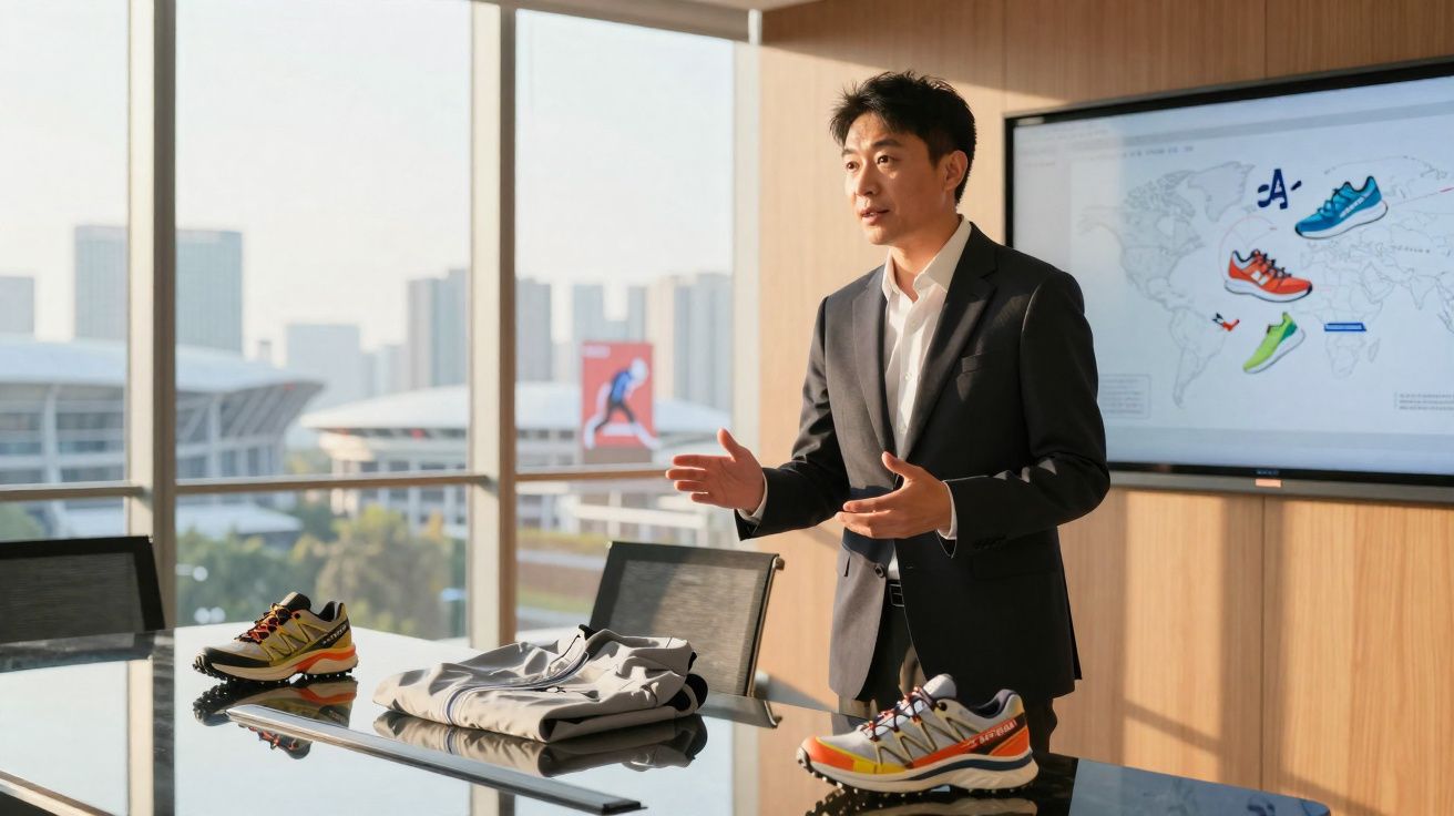 Homem apresentando tênis esportivos e roupas em sala de reunião com janela ampla e tela ao fundo.