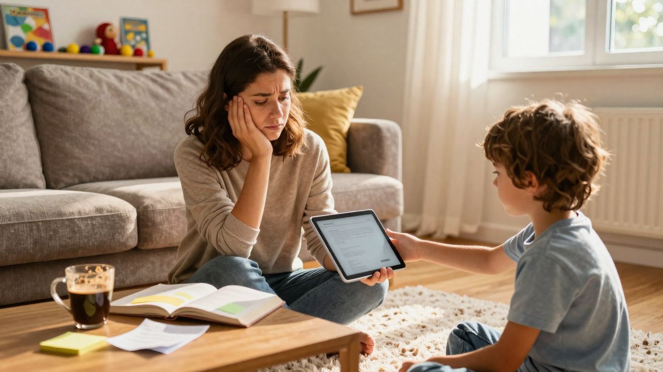 Mulher cansada sentada no chão com filho que mostra tablet em sala iluminada pela janela.