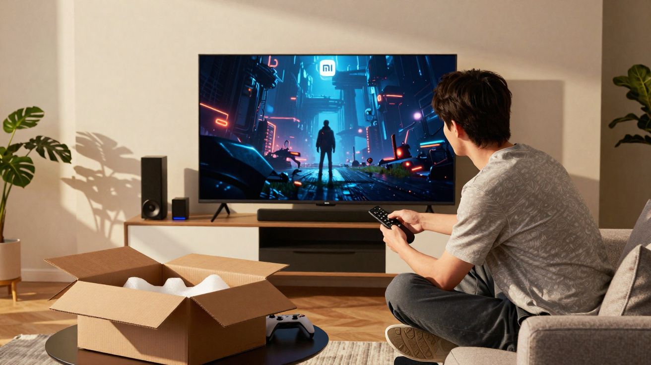 Pessoa sentada no sofá usando controle remoto para assistir TV em sala com caixa aberta na mesa.