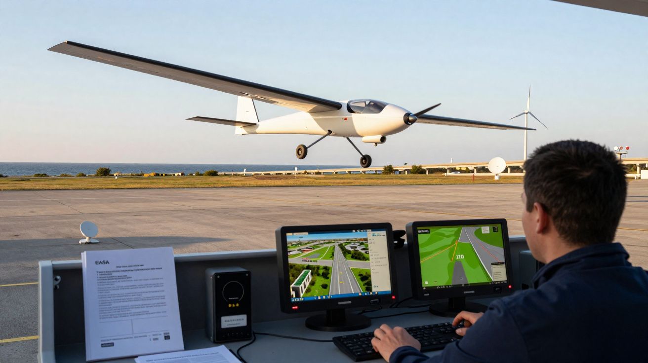 Homem operando controle remoto de avião não tripulado branco pousando em pista ao entardecer.